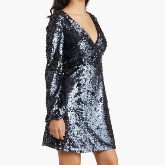 French Connection Bisma Sequin Long Sleeve Faux Wrap Cocktail Dress sz 12 NWT - Picture 3 of 15